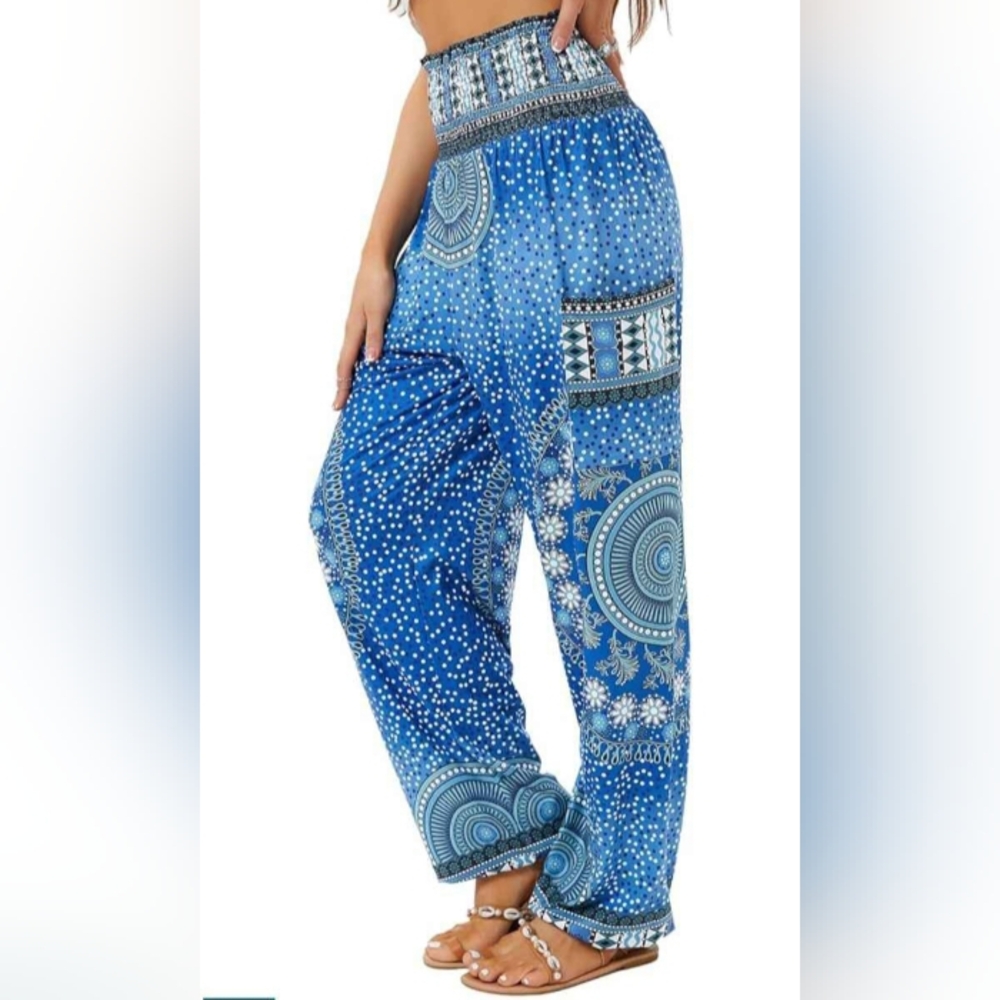Blue Patterned Stretchy Boho Harem Yoga Women's Pants